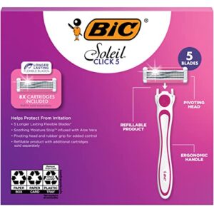 BIC Click 5 Soleil Women's Disposable Razors, 5 Blades With a Moisture Strip For a Smoother Shave, 2 Handles and 8 Cartridges, 10 Piece Razor Set