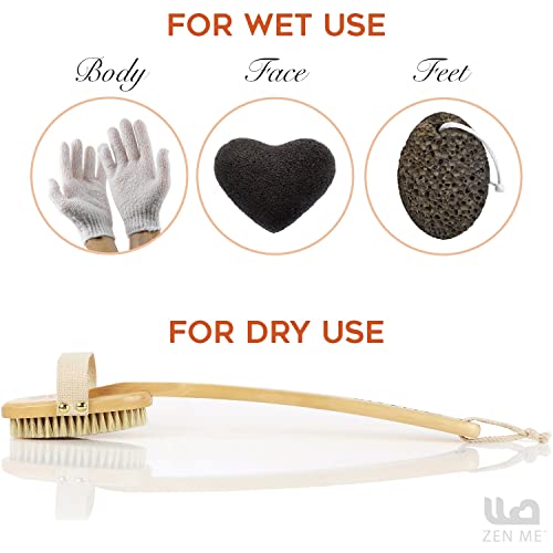 Zen Me Dry Brush Set – Premium Body Exfoliator Brush, Exfoliating Gloves, Pumice Stone for Feet & Konjac Sponge for Face, Boar Bristle Body Brush for Showering, Bath Brush, Natural Skin Scrubber Tools