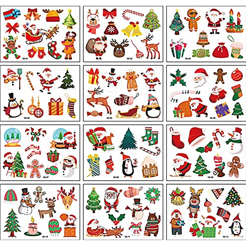 Qpout 12 Sheets Christmas Temporary Tattoos Christmas Tattoos Stickers Stocking Gift Stuffers for Kids Girls Boys Xmas Eve Christmas Party Favors Supplies Decorations