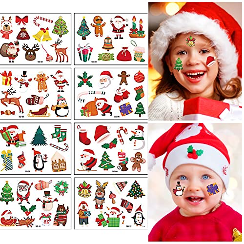 Qpout 12 Sheets Christmas Temporary Tattoos Christmas Tattoos Stickers Stocking Gift Stuffers for Kids Girls Boys Xmas Eve Christmas Party Favors Supplies Decorations