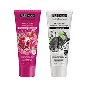 freeman limited edition pomegranate peel-off facial mask & charcoal black sugar mud facial mask duo, detoxifying, removes impurities & hydrates skin, gift set, 2 count, 1.5 fl.oz./44 ml tubes
