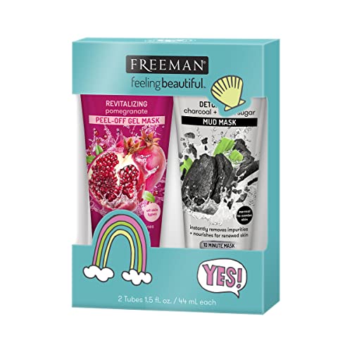 Freeman Limited Edition Pomegranate Peel-Off Facial Mask & Charcoal Black Sugar Mud Facial Mask Duo, Detoxifying, Removes Impurities & Hydrates Skin, Gift Set, 2 Count, 1.5 fl.oz./44 mL Tubes