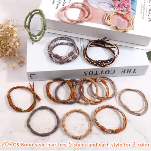 20 Pcs Boho Hair Ties for Women, 5 Styles Cute Hair Tie Bracelet for Thick Hair/Pony Tails, 10 Colors No Damage Hair Elastics