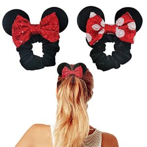 styla hair 2 pack mouse ear scrunchies for kids velvet hair bow scrunchies for women – sparkle sequins mouse hair bands for pony tail – red & black
