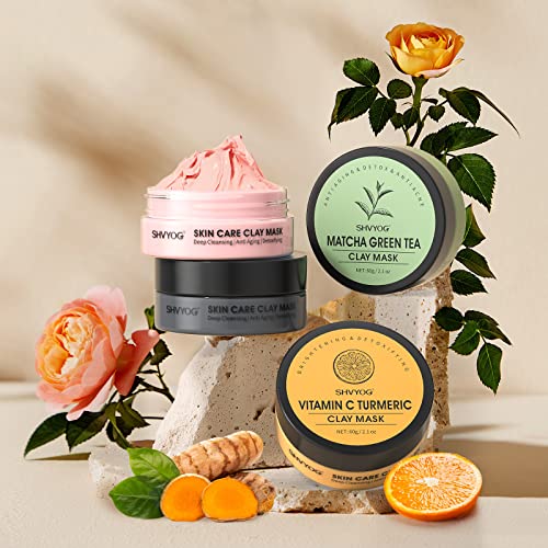 4 Pcs Clay Mask Set, Turmeric Vitamin C Clay Mask , Green Tea Mask, Dead Sea Mud Mask, Rose Clay Mask, Skin Care Face Mask Clay Facial Mask for Deep Cleansing, Moisturizing and Refining Pores (240g in Total)