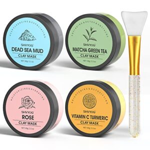 4 Pcs Clay Mask Set, Turmeric Vitamin C Clay Mask , Green Tea Mask, Dead Sea Mud Mask, Rose Clay Mask, Skin Care Face Mask Clay Facial Mask for Deep Cleansing, Moisturizing and Refining Pores (240g in Total)