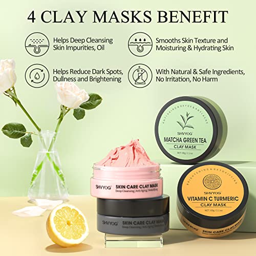 4 Pcs Clay Mask Set, Turmeric Vitamin C Clay Mask , Green Tea Mask, Dead Sea Mud Mask, Rose Clay Mask, Skin Care Face Mask Clay Facial Mask for Deep Cleansing, Moisturizing and Refining Pores (240g in Total)