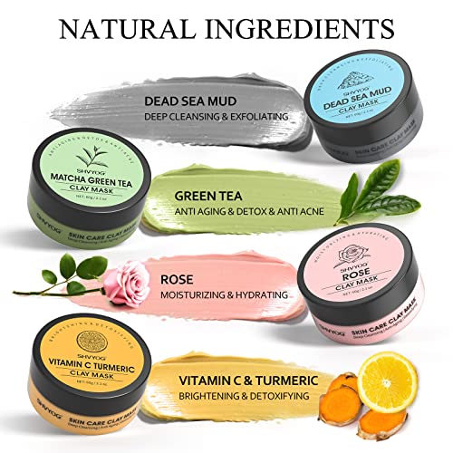 4 Pcs Clay Mask Set, Turmeric Vitamin C Clay Mask , Green Tea Mask, Dead Sea Mud Mask, Rose Clay Mask, Skin Care Face Mask Clay Facial Mask for Deep Cleansing, Moisturizing and Refining Pores (240g in Total)