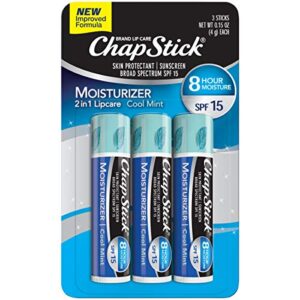 chapstick moisturizer cool mint lip balm tubes, spf 15 and skin protectant – 3 count (pack of 1