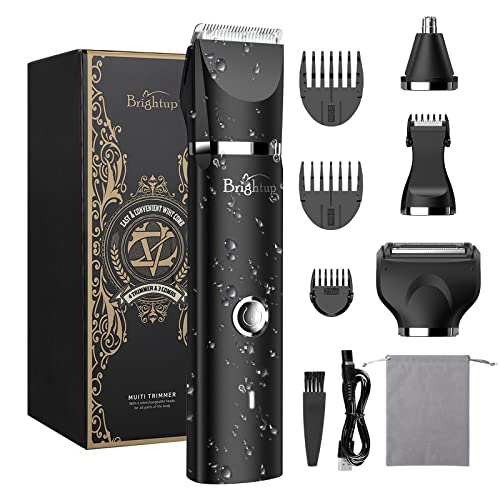 Brightup Electric Razor Trimmer for Men - 4 Replaceable Blade Heads & Storage Bag - IPX7 Waterproof Wet/Dry Pubic Ball Nose Body Hair Facial Shaver with LED Light - Ideal Mens Gifts, YP-7017