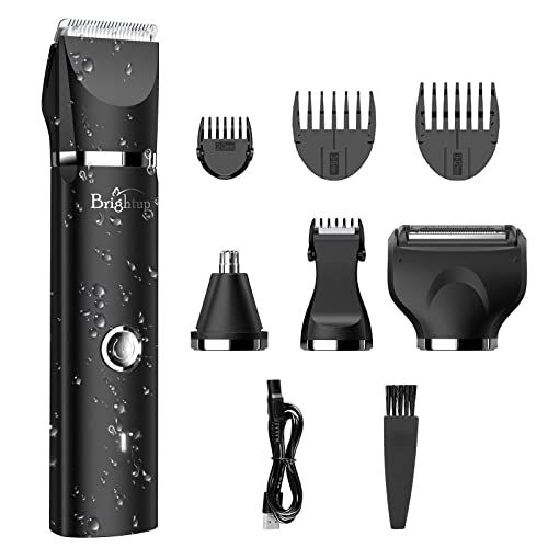 Brightup Electric Razor Trimmer for Men - 4 Replaceable Blade Heads & Storage Bag - IPX7 Waterproof Wet/Dry Pubic Ball Nose Body Hair Facial Shaver with LED Light - Ideal Mens Gifts, YP-7017