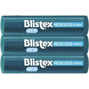 Blistex Medicated Lip Balm, 0.15 Ounce, Pack of 3 – Prevent Dryness & Chapping, SPF 15 Sun Protection, Seals in Moisture, Hydrating Lip Balm, Easy Glide Formula for Full Coverage