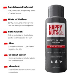 HAPPY NUTS Body and Nut Wash for Men - Big Wood - Natural Men's Shower Gel - Sandalwood Body Wash