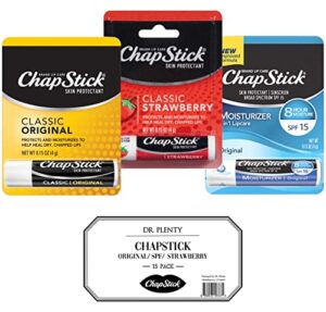 chapstick variety pack classic original, spf 15, & strawberry lip balm sticks bulk, 0.15 oz (15 count) – chap stick skin protectant moisturizer tubes, stocking stuffers – by dr. plenty