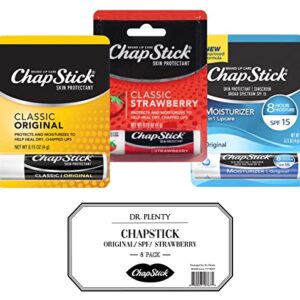 Chapstick Variety Pack Classic Original, SPF 15, & Strawberry Lip Balm Sticks Bulk, 0.15 Oz (8 Count) - Chap Stick Skin Protectant Moisturizer Tubes, Stocking Stuffers - By Dr. Plenty