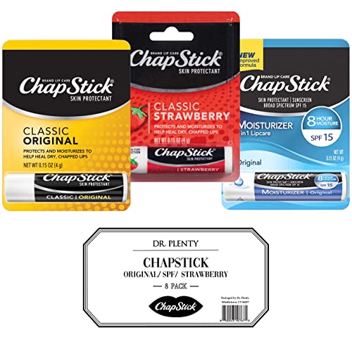 Chapstick Variety Pack Classic Original, SPF 15, & Strawberry Lip Balm Sticks Bulk, 0.15 Oz (8 Count) - Chap Stick Skin Protectant Moisturizer Tubes, Stocking Stuffers - By Dr. Plenty