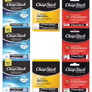 Chapstick Variety Pack Classic Original, SPF 15, & Strawberry Lip Balm Sticks Bulk, 0.15 Oz (8 Count) - Chap Stick Skin Protectant Moisturizer Tubes, Stocking Stuffers - By Dr. Plenty