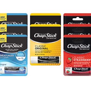 Chapstick Variety Pack Classic Original, SPF 15, & Strawberry Lip Balm Sticks Bulk, 0.15 Oz (8 Count) - Chap Stick Skin Protectant Moisturizer Tubes, Stocking Stuffers - By Dr. Plenty