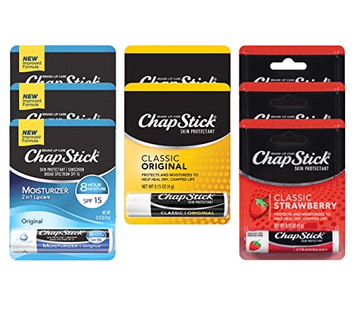 Chapstick Variety Pack Classic Original, SPF 15, & Strawberry Lip Balm Sticks Bulk, 0.15 Oz (8 Count) - Chap Stick Skin Protectant Moisturizer Tubes, Stocking Stuffers - By Dr. Plenty