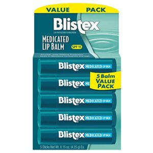 blistex medicated lip balm, 0.15 ounce, pack of 5 – prevent dryness & chapping, spf 15 sun protection, seals in moisture, hydrating lip balm, easy glide formula for full coverage