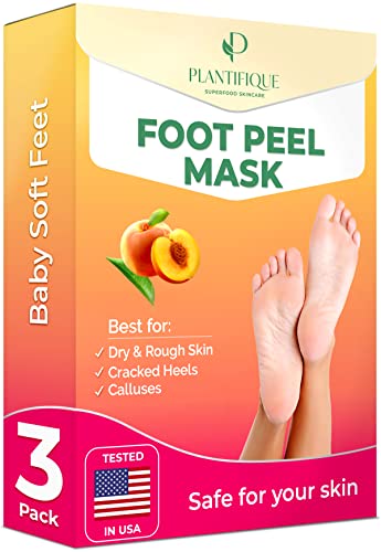 PLANTIFIQUE Foot Peel Mask with Peach 3 Pack Peeling Foot Mask Dermatologically Tested - Repairs Heels & Removes Dry Dead Skin for Baby Soft Feet - Exfoliating Foot Peel Mask for Dry Cracked Feet