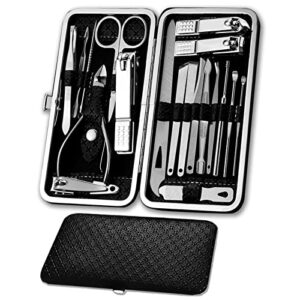 nail clippers sets stainless steel nail cutter pedicure kit nail file sharp nail scissors and clipper manicure pedicure kit & toenails care with portable stylish case (19-piece) (black)
