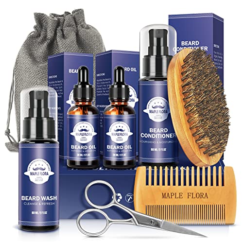 Beard Kit, Men’s Gifts Set w/Beard Conditioner, 2 Packs Beard Growth Oil, Beard Wash/Shampoo, Brush, Comb, Scissors, Bag, e-Book, Mustache Grooming Care Gifts for Him Dad Boyfriend Birthday Christmas