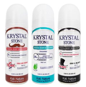 krystal stone deodorant for men 3-pack roll on potassium alum with essential oil blends – unscented, cool black and fresh cedar – vegan. cruelty free. eco-friendly