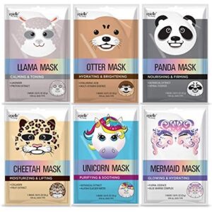 epielle character sheet masks | animal spa mask | -for all skin types |spa gifts for women, spa gift, birthday party gift for her, spa day party, girls night, fun face masks| (assorted character mask-6pk )