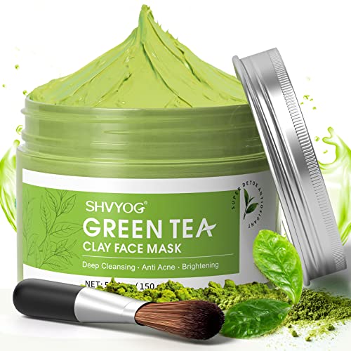 SHVYOG Green Tea Face Mask, Antioxidant Green Tea Clay Mask with Volcanic Mud, Deep Cleansing & Moisturizing & Hydrating Clay Facial Mask for Pores, Blackheads, Wrinkles, Dirts