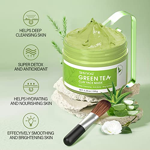 SHVYOG Green Tea Face Mask, Antioxidant Green Tea Clay Mask with Volcanic Mud, Deep Cleansing & Moisturizing & Hydrating Clay Facial Mask for Pores, Blackheads, Wrinkles, Dirts