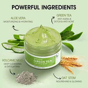 SHVYOG Green Tea Face Mask, Antioxidant Green Tea Clay Mask with Volcanic Mud, Deep Cleansing & Moisturizing & Hydrating Clay Facial Mask for Pores, Blackheads, Wrinkles, Dirts