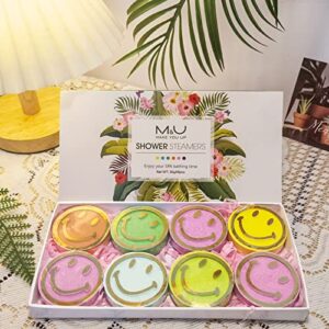 Shower Steamers Aromatherapy - 8 Pcs Smile Face Scented Bath Bomb Steamer Tablets for Shower with Pure Essential Oils, Women Stress Relief Spa Gift for Birthday, Christmas and Valentine's Day