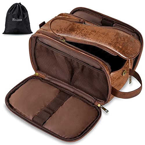 Elviros Toiletry Bag for Men, Large Travel Shaving Dopp Kit Water-resistant Bathroom Toiletries Organizer PU Leather Cosmetic Bags (Medium, Dark Brown)