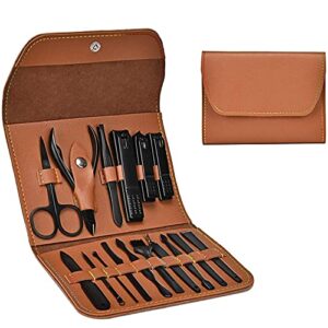 genixx products nail clipper set – professional cutter nipper pedicure kits | beauty manicure set with luxurious pu leather storage case | stainless steel nail kit for men & women (16 pcs brown/black)