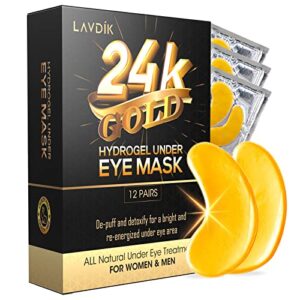 lavdik under eye patches, 24k gold eye mask – 12 pairs, collagen eye patch for puffy eyes and dark circles and anti-aging, deep moisturizing eye treatment masks for women and men