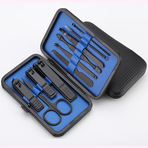 Manicure Set Nail Clipper set Stainless Steel Professional Pedicure kit for thick Toenail & Fingernails Vibrissa Scissor Eyebrow Cutter File Grooming Kit Gift for Men Women with Exquisite Case(Blue)