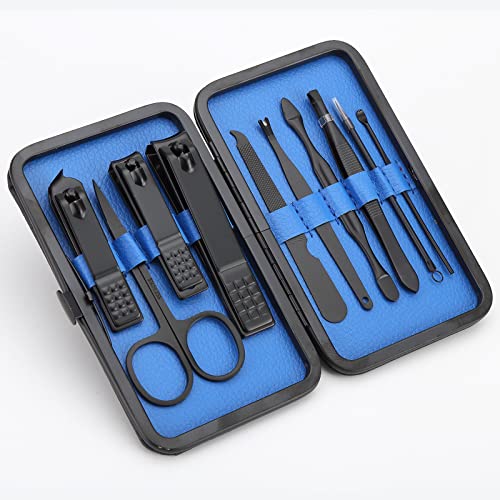 Manicure Set Nail Clipper set Stainless Steel Professional Pedicure kit for thick Toenail & Fingernails Vibrissa Scissor Eyebrow Cutter File Grooming Kit Gift for Men Women with Exquisite Case(Blue)