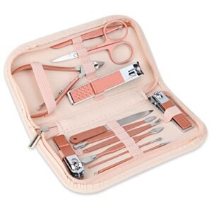 nail clippers and beauty tool portable set, rose gold martensitic stainless steel manicure set 12 in 1, with pink leather bag, suitable for home, workplace, outdoor travel, gift giving, beauty salon.