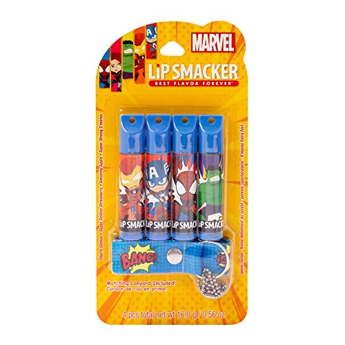 Lip Smacker Marvel Flavored Lip Balm Set W/ Lanyard | Spiderman, Hulk, Captain America, Iron Man | For Kids | Stocking Stuffer | Christmas Gift | Set of 4