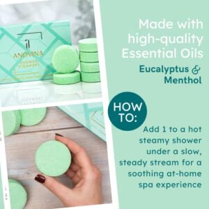 Anovina 6XL Shower Steamers Eucalyptus and Menthol - Made in USA - Aormatherapy Shower Steamers, Relaxation Bath Gifts for Women and Men, Eucalyptus for Shower, Shower Bombs Aromatherapy