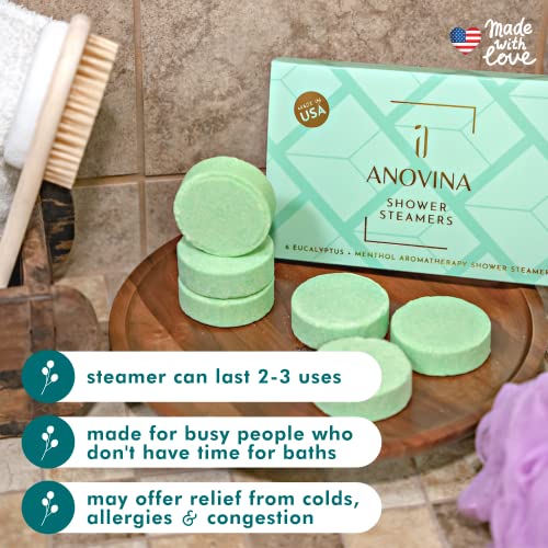 Anovina 6XL Shower Steamers Eucalyptus and Menthol - Made in USA - Aormatherapy Shower Steamers, Relaxation Bath Gifts for Women and Men, Eucalyptus for Shower, Shower Bombs Aromatherapy