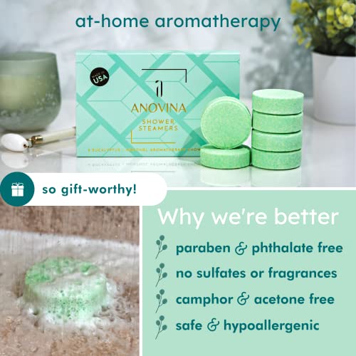 Anovina 6XL Shower Steamers Eucalyptus and Menthol - Made in USA - Aormatherapy Shower Steamers, Relaxation Bath Gifts for Women and Men, Eucalyptus for Shower, Shower Bombs Aromatherapy