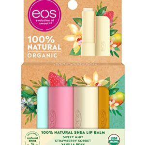 eos 100% Natural & Organic Lip Balm Sticks, Lip Care Variety Pack, Sweet Mint, Strawberry Sorbet, Vanilla Bean, Tropical Mango, 4 Count (Pack of 1)