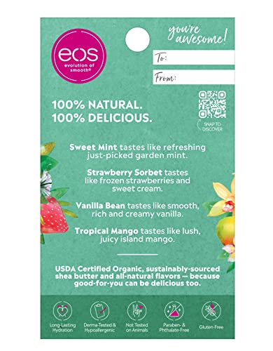 eos 100% Natural & Organic Lip Balm Sticks, Lip Care Variety Pack, Sweet Mint, Strawberry Sorbet, Vanilla Bean, Tropical Mango, 4 Count (Pack of 1)