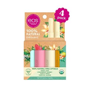 eos 100% Natural & Organic Lip Balm Sticks, Lip Care Variety Pack, Sweet Mint, Strawberry Sorbet, Vanilla Bean, Tropical Mango, 4 Count (Pack of 1)