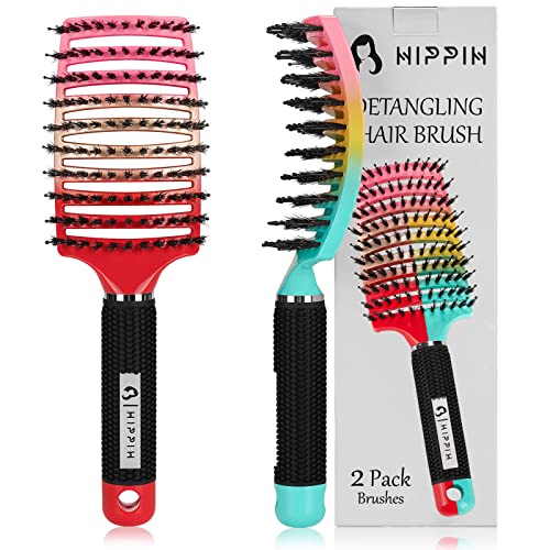 Boar Bristle Hair Brush 2 Pack, HIPPIH Wet & Dry No Pull Curved Vented Hair Brush, Styling Voremy Magical Brush Detangler for Kids & Men, Hairbrush for Women Can Adds Shine & Smooth Curly Thick Hair