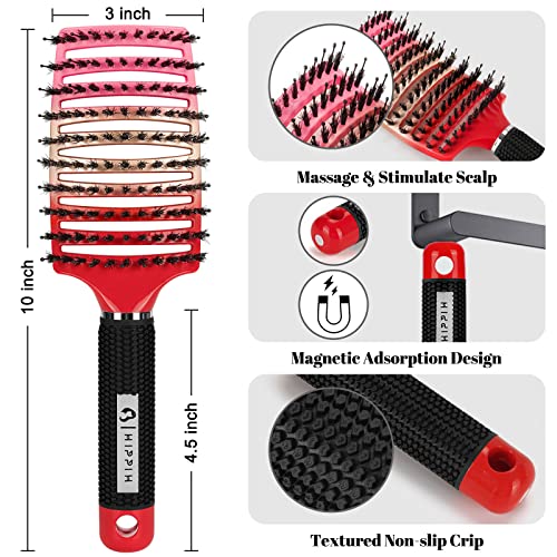 Boar Bristle Hair Brush 2 Pack, HIPPIH Wet & Dry No Pull Curved Vented Hair Brush, Styling Voremy Magical Brush Detangler for Kids & Men, Hairbrush for Women Can Adds Shine & Smooth Curly Thick Hair