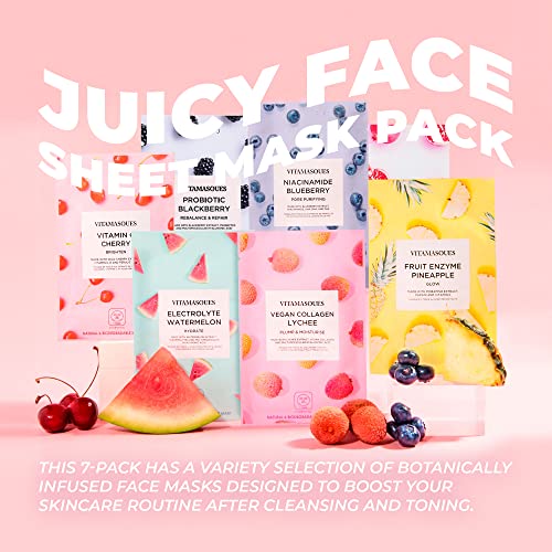 Vitamasques Face Masks Skincare Sheet Kit, 7-Pack - Juicy Collection of Triple-Layer Sheet Facial Masks - Pore Purifying, Brightening, and Hydrating Face Mask Skin Care - Boost your Skincare Routine