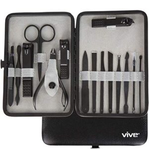 vive nail clipper set (15 piece) – manicure repair tools for grooming, pedicures, toe care, women, men, girls – with fingernail file, clipper, cuticle trimmer, tweezers, ear pick – for travel, home